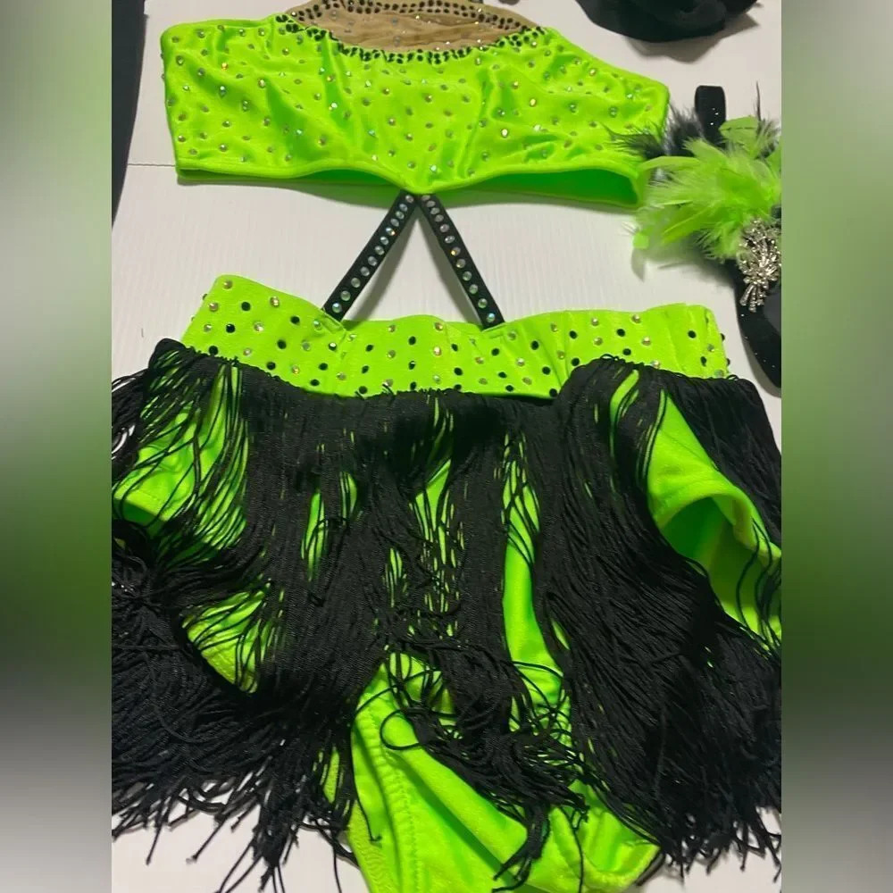Glamour solo dance costume leotard neon green embellished rhinestoned SA adult